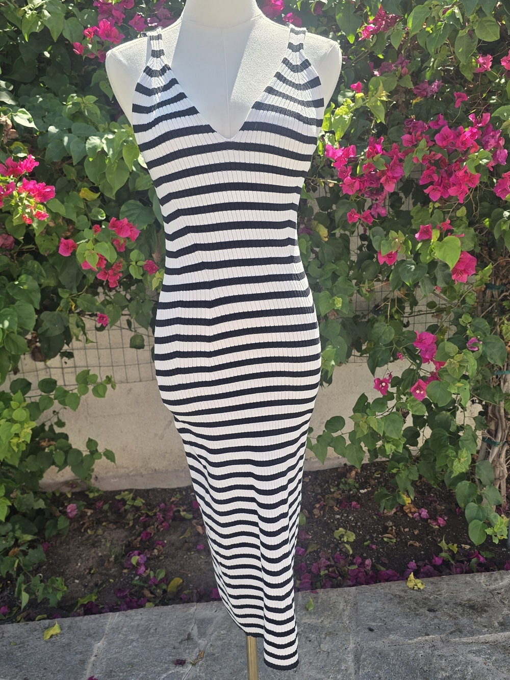 Divided Black & White Striped V-Neck Ribbed Midi Dress